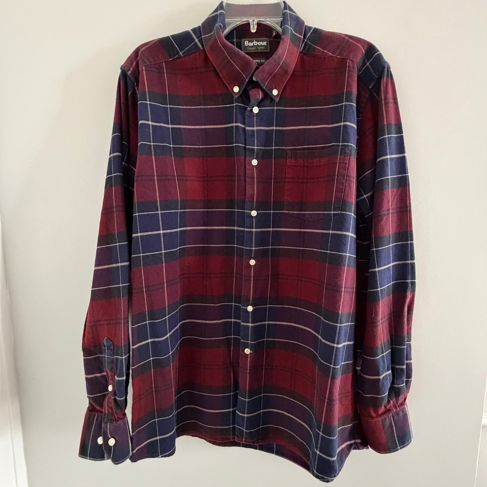 Barbour Lustleigh Shirt Tailored Fit Plaid Flannel Red Navy Tartan Heritage Soft